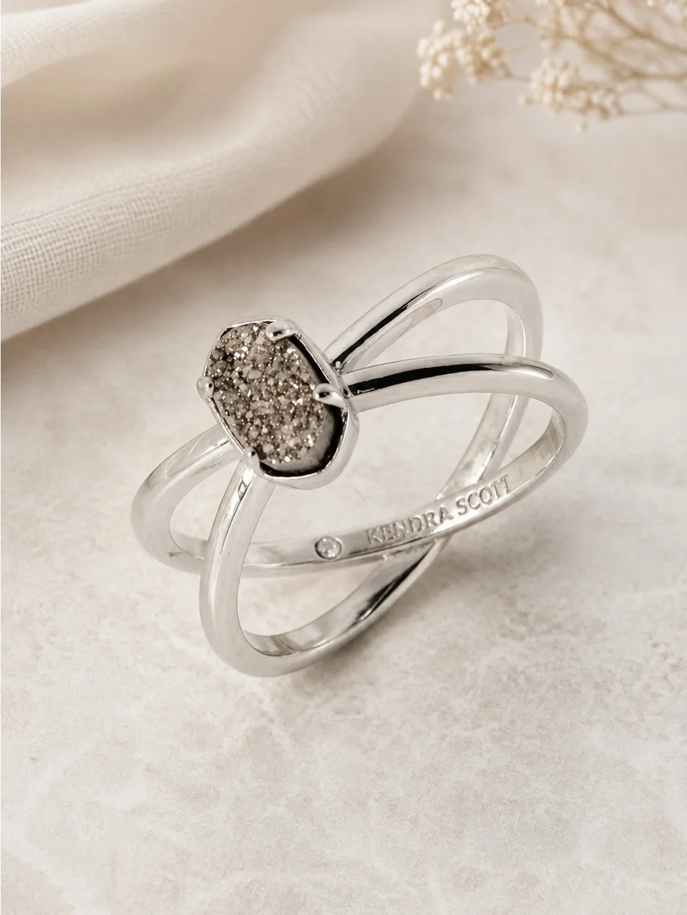 Kendra Scott Emilie Double Band Rhodium Platinum Drusy.  Size 7